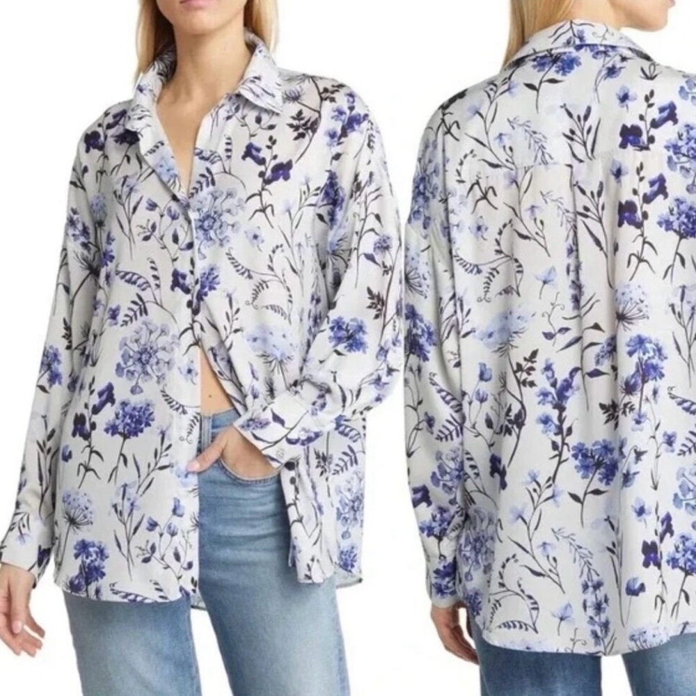 Favorite Daughter The Smooth Ex-Boyfriend Shirt Blue/White Multi Floral NWOT